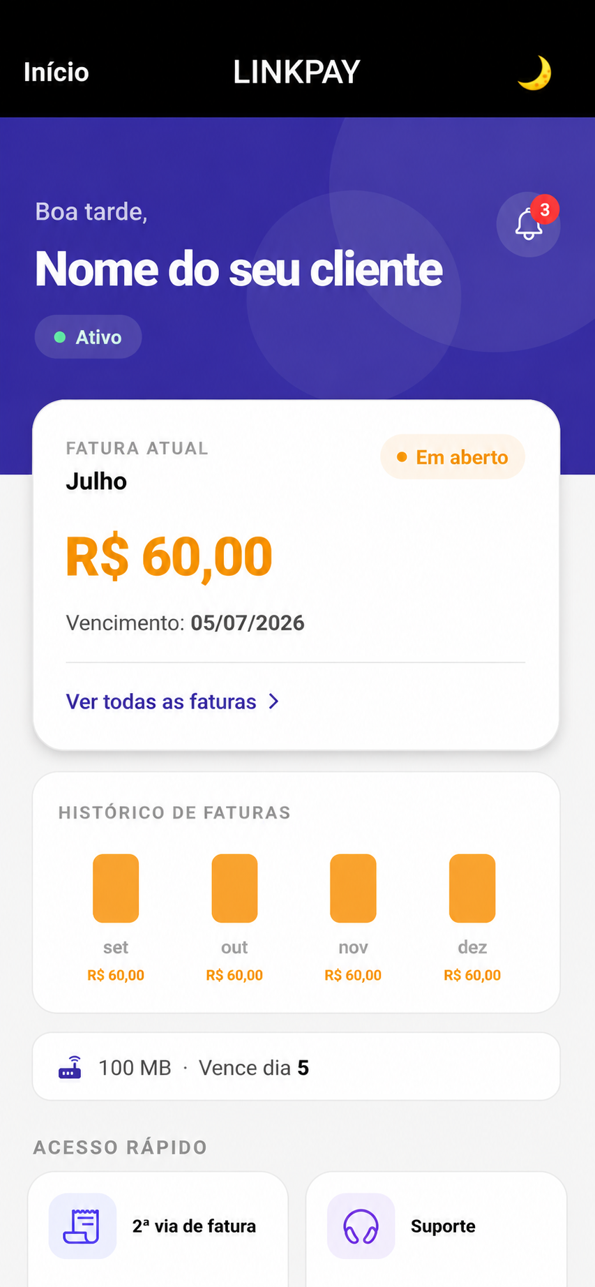 Tela inicial do aplicativo White Label da Linkmax, com fatura atual, histórico de pagamentos e acesso rápido